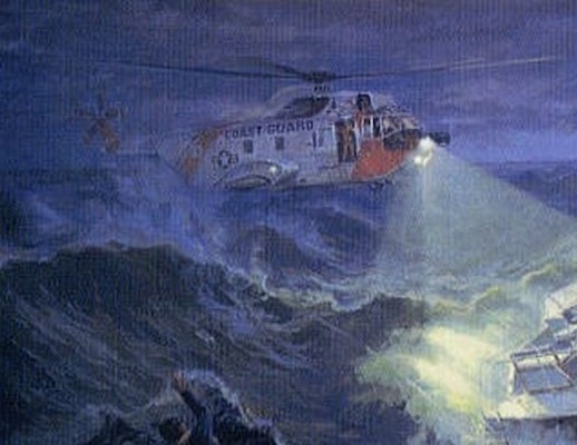 Partial section of the painting “Coast Guard Rescue,” by Paul Rendel showing the stormy sea state during the nighttime rescue of the Terry T. (U.S. Coast Guard)