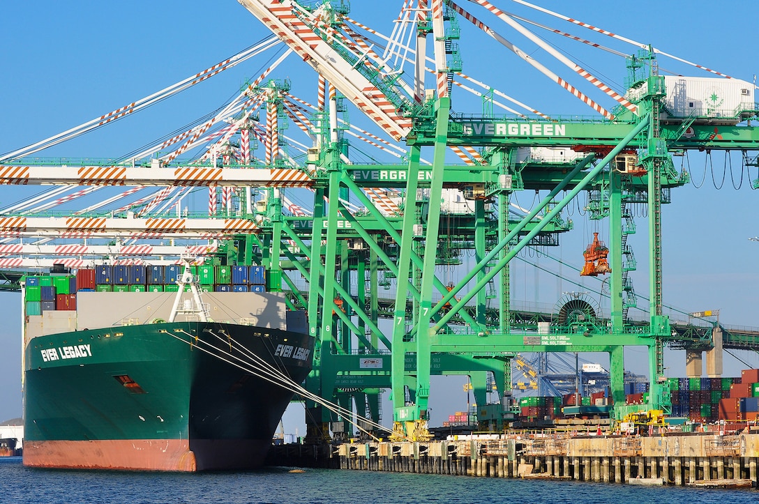 A container ship is seen docked at the Port of Los Angeles March 6, 2020, in San Pedro, California.