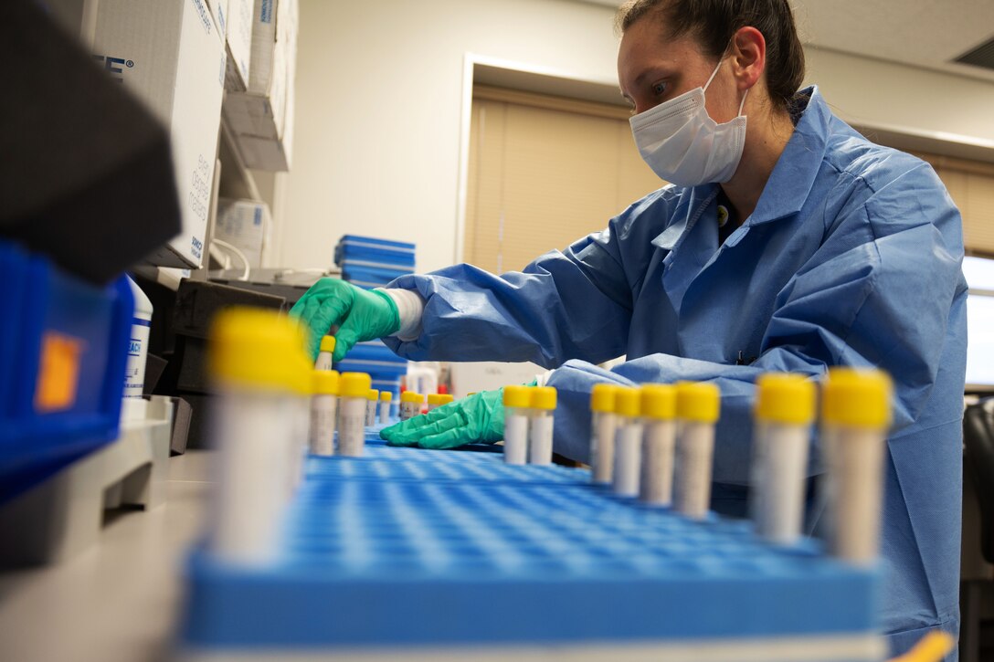 A lab assistant, wearing a face mask and gloves, alphabetizes COVID-19 test swab samples.