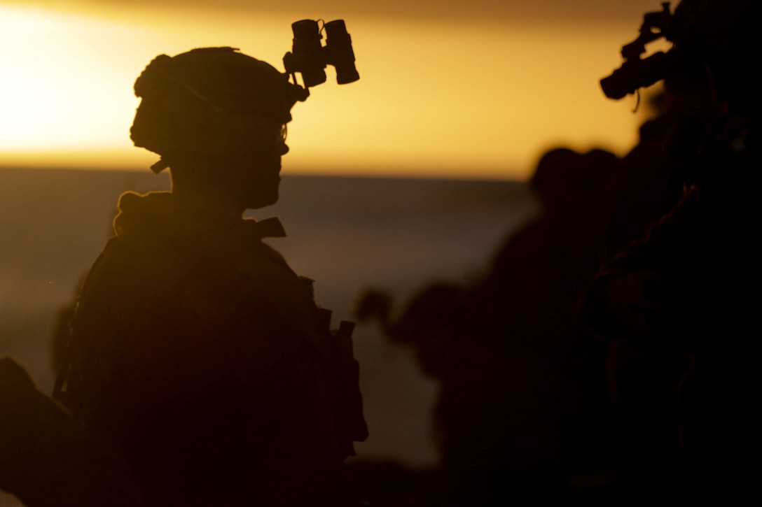 The silhouette of a Marine is seen against the sun.