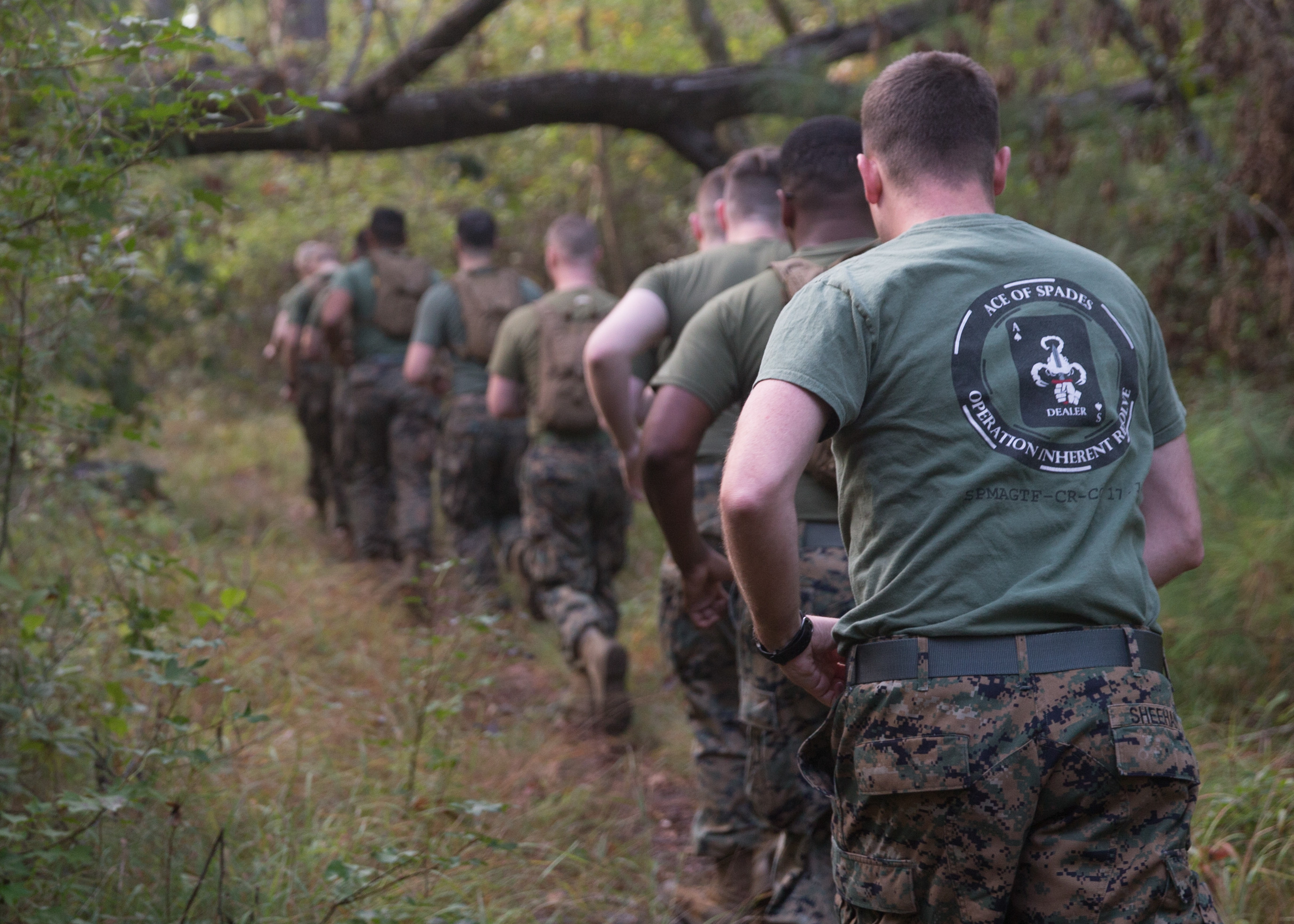 Marines running in the forest in a single file line.