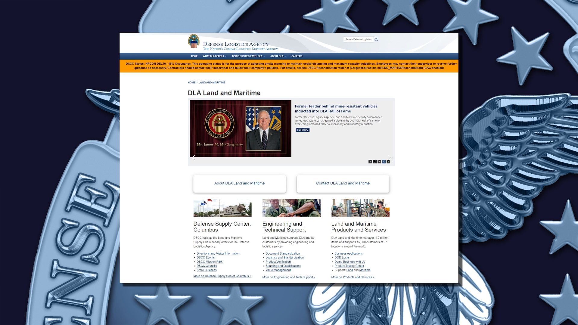 Main image with website homepage  screenshot embedded on a DLA logo background in blue.