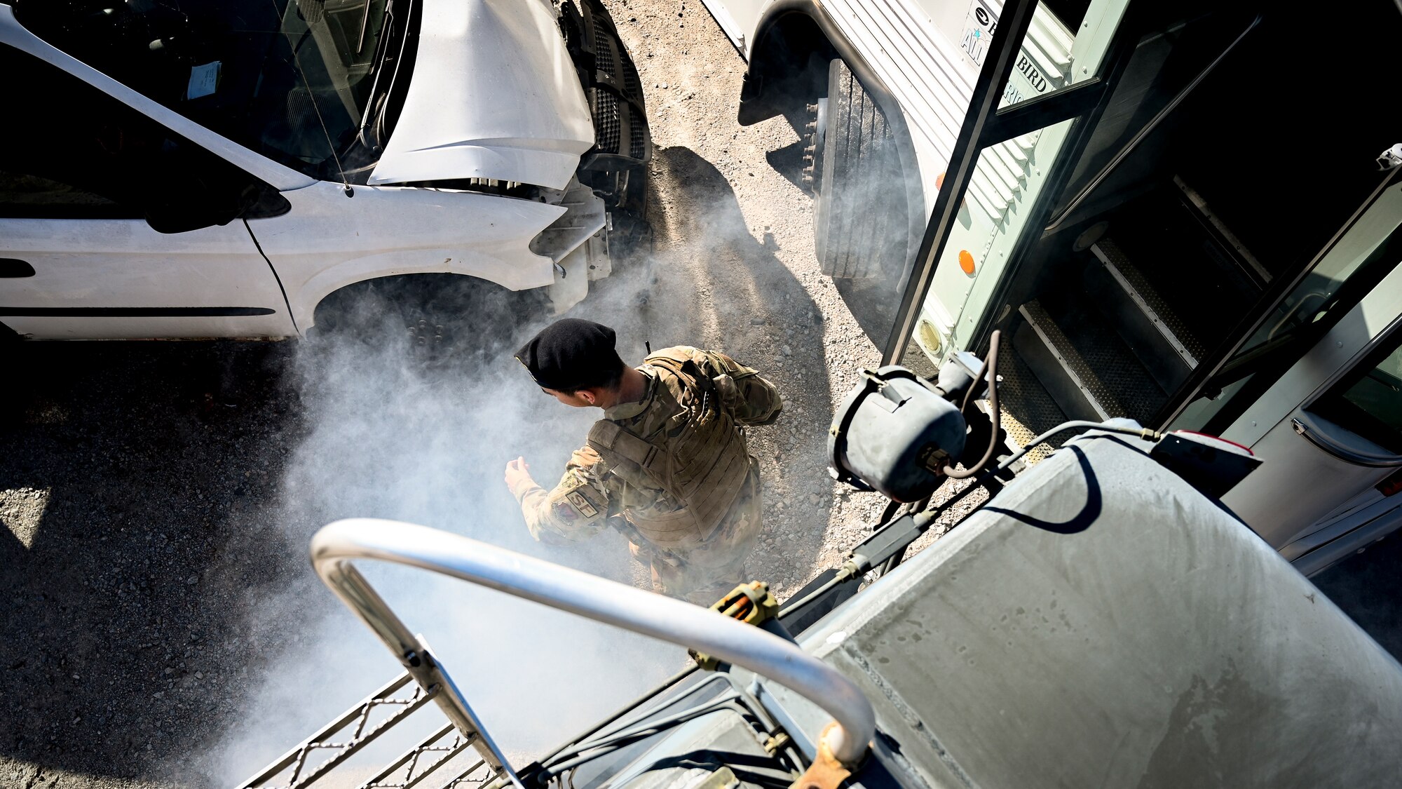 An Airman assigned to the 20th Security Forces Squadron assesses the scene during a mass casualty training exercise at Shaw Air Force Base, South Carolina, Jan. 19, 2022. The exercise participants included the Fire Department, 20th Medical Group, 20th Security Forces Squadron, as well as other first response agencies. (U.S. Air Force photo by Senior Airman Madeline Herzog)