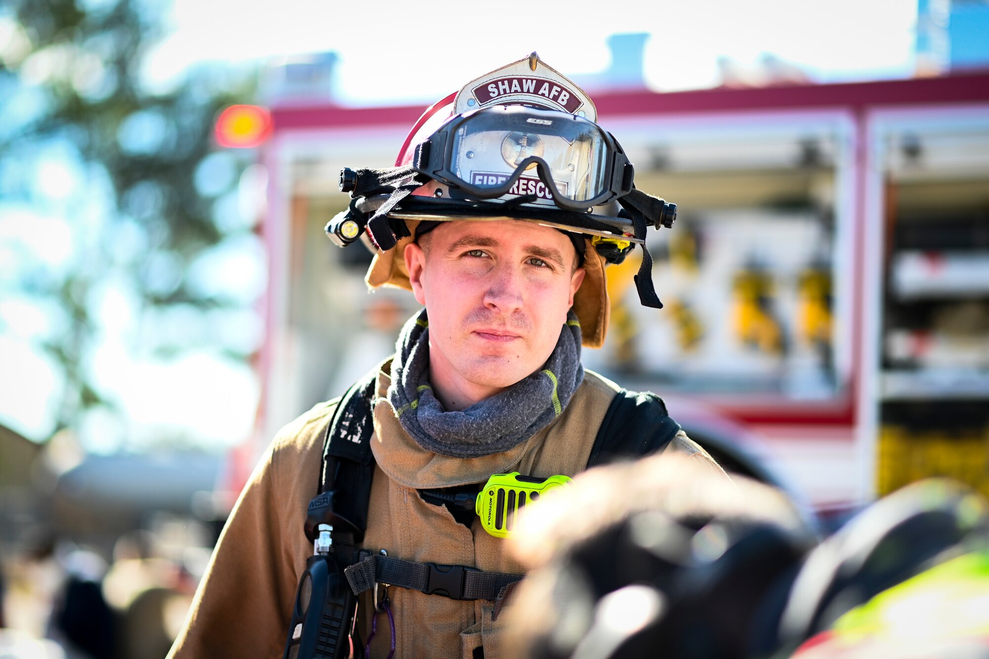 U.S. Air Force Staff Sgt. Andrew Cozart, 20th Civil Engineer Squadron lead firefighter, assesses the triage area for critical patients during a mass casualty exercise at Shaw Air Force Base, South Carolina, Jan. 19, 2022. The purpose of the exercise was to enhance and build on each agency's readiness capabilities for quick response emergencies. (U.S. Air Force photo by Senior Airman Madeline Herzog)