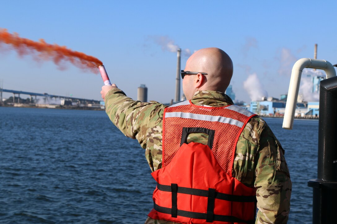 Lt. Col. Joe Owens, deputy commander for the U.S. Army Corps of Engineers Charleston District, joined the district's survey crew team for flare training.  The training helps staff learn about different flares in the event a boat is sinking and signaling for help is needed.
