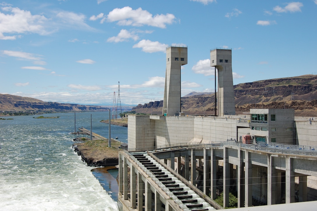 This downstream view of the navigation lock at the John Day Dam on the Columbia River showcases the Guillotine Gate. The Portland District, U.S. Army Corps of Engineers received funds to replace John Day Dam navigation lock's downstream gate bearing shoes with funding from the Infrastructure Investment and Jobs Act (IIJA) and the Disaster Relief Supplemental Appropriations Act.