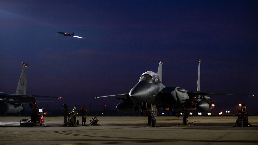 U.S. Air Force Airmen assigned to the 48th Fighter Wing conduct evening flying sorties