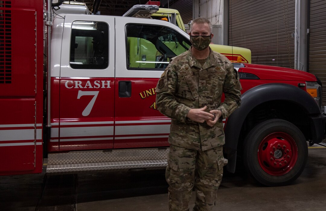 U.S. Air Force Col. David Vanderburg, 97th Mission Support Group commander, delivers a speech to the 97th Civil Engineer Squadron’s Fire and Emergency Response Team on Altus Air Force Base, Oklahoma, Jan. 13, 2022. Vanderburg presented six awards to Airmen for their efforts in reviving a 78-year-old individual. (U.S. Air Force photo by Airman 1st Class Miyah Gray)