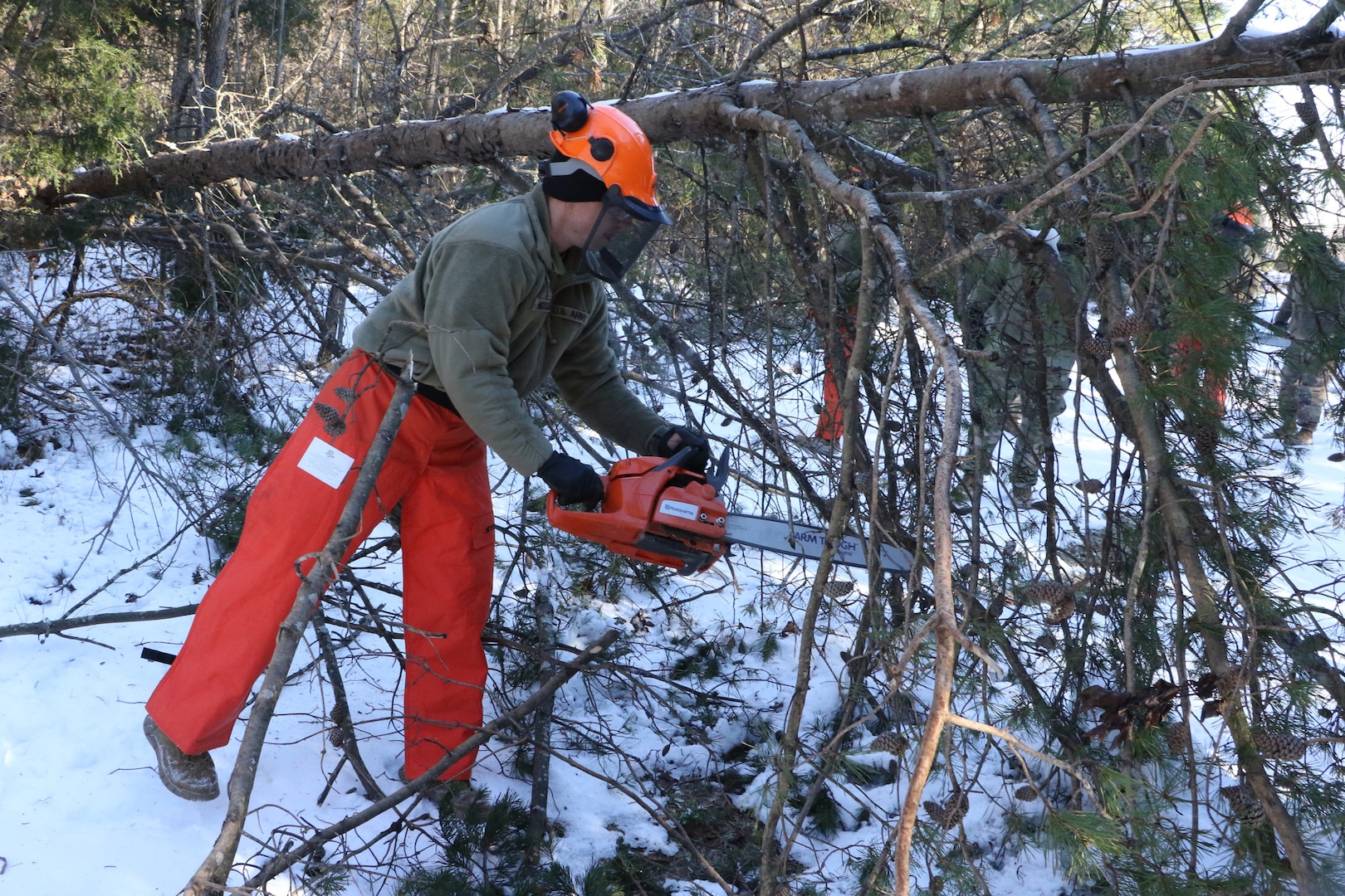 Virginia National Guard Soldiers assigned to the Powhatan-based 180th Engineer Company, 276th Engineer Battalion, 329th Regional Support Group, clear trees along a power line route to help with electricity restoration efforts Jan. 8, 2022, in Louisa County, Virginia.