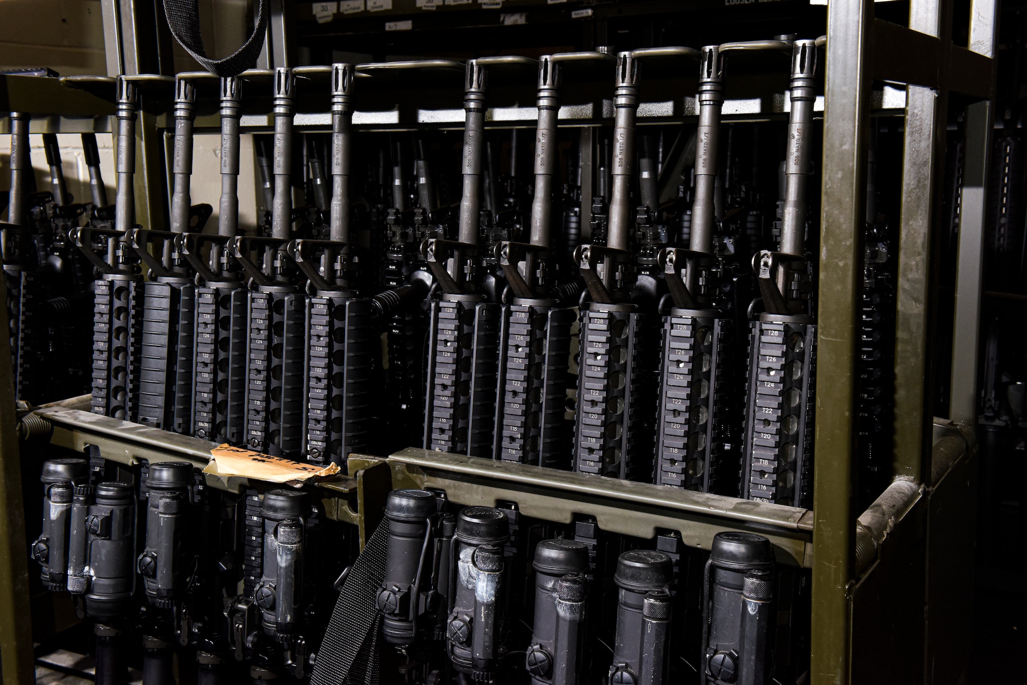 A weapons rack properly stores M-16 assault rifles between active use at MacDill Air Force Base, Florida, Jan. 18, 2022.