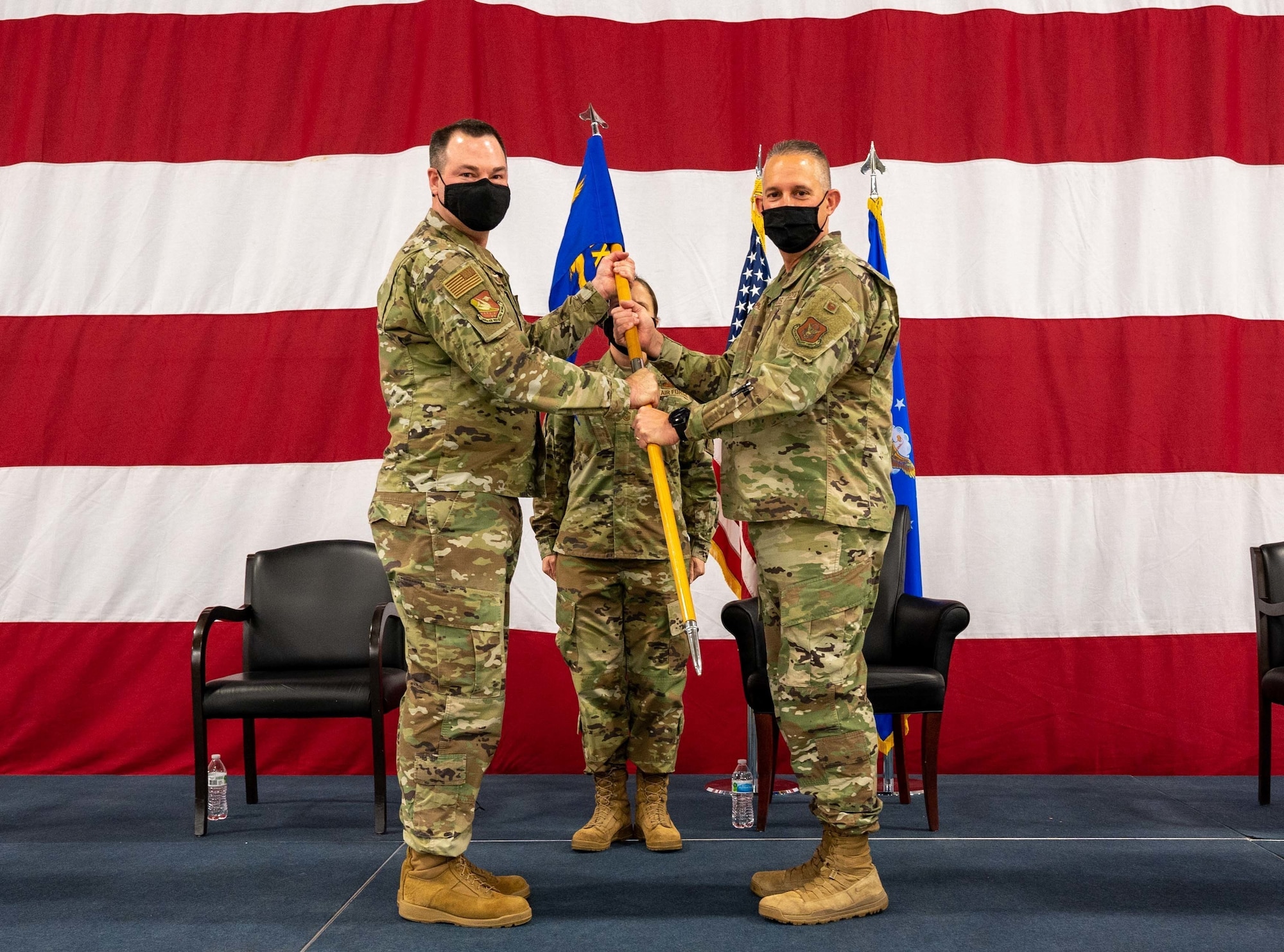 Lt. Col. Terry Rosenbalm, 507th Maintenance Group commander, takes command of the 507th MXG from Col. Michael Parks, 507th Air Refueling Wing commander, during a ceremony Jan. 8, 2022, at Tinker Air Force Base, Oklahoma. (U.S. Air Force photo by Master Sgt. Grady Epperly)