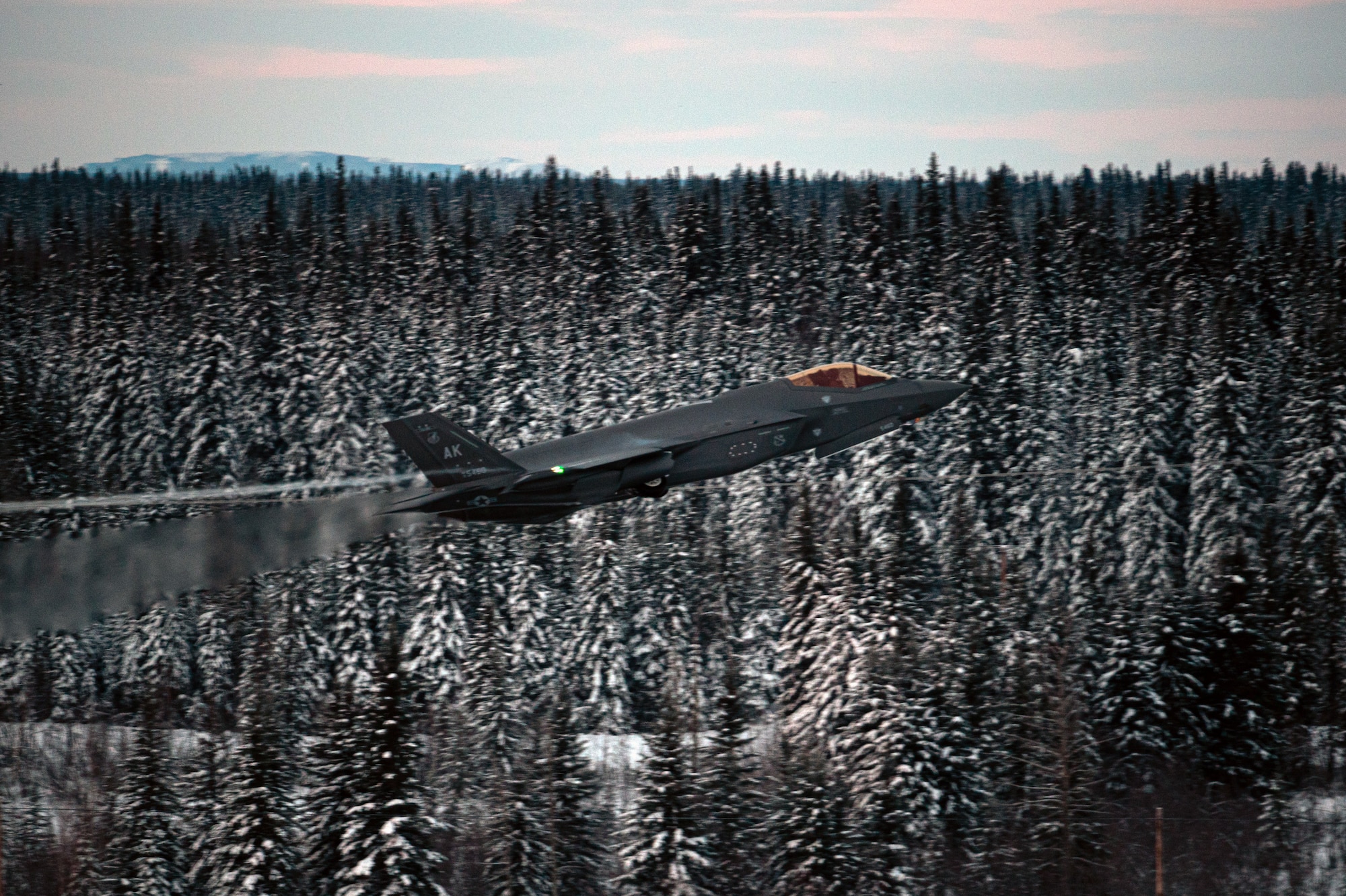 An F-35A Lightning II assigned to the 354th Fighter Wing takes off