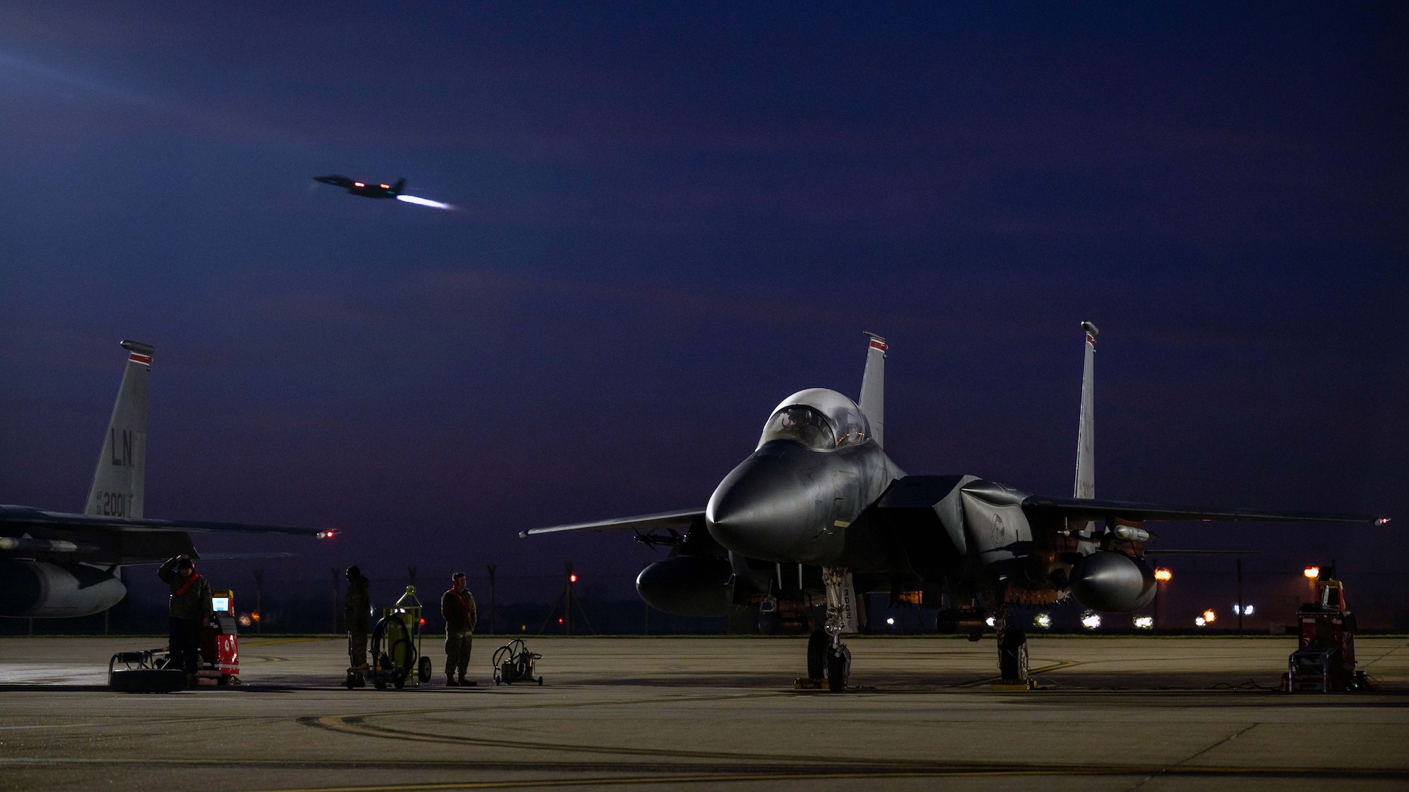 U.S. Air Force Airmen assigned to the 48th Fighter Wing conduct evening flying sorties