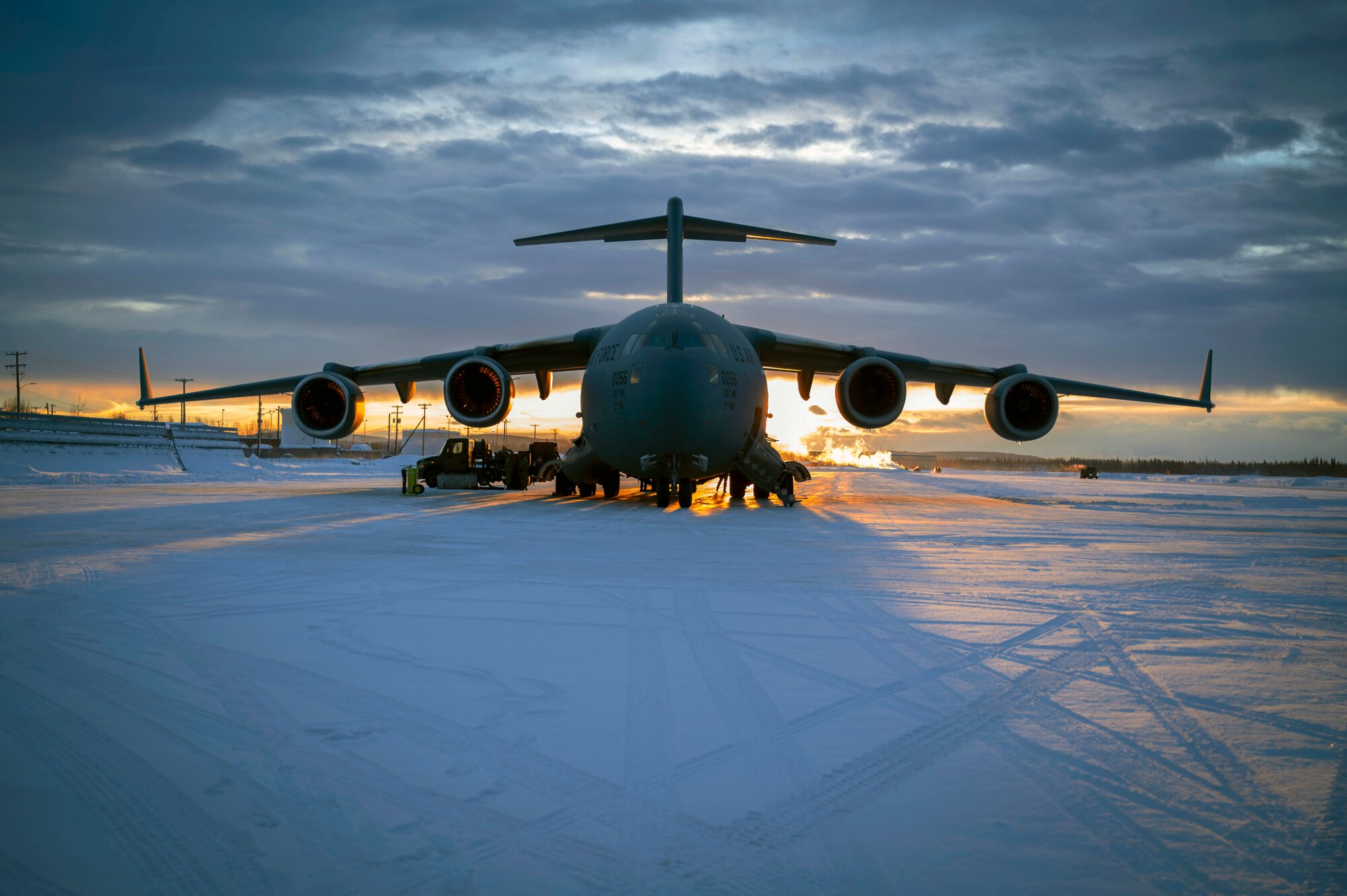 A C-17 Globemaster III from Joint Base Elmendorf-Richardson, Alaska, is unloaded