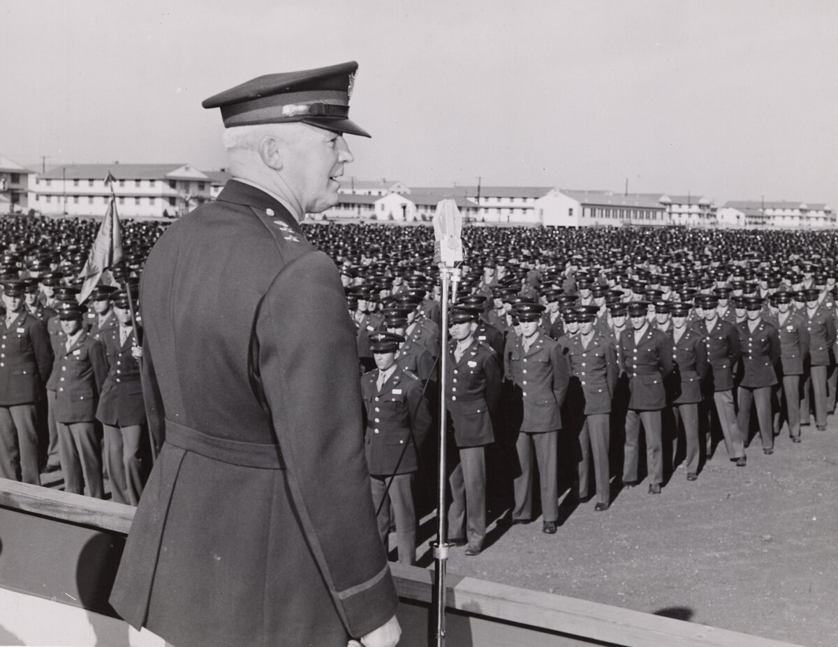 Lt. Gen. Hap Arnold speaks to Airmen in training at the San Antonio Aviation Cadet Center