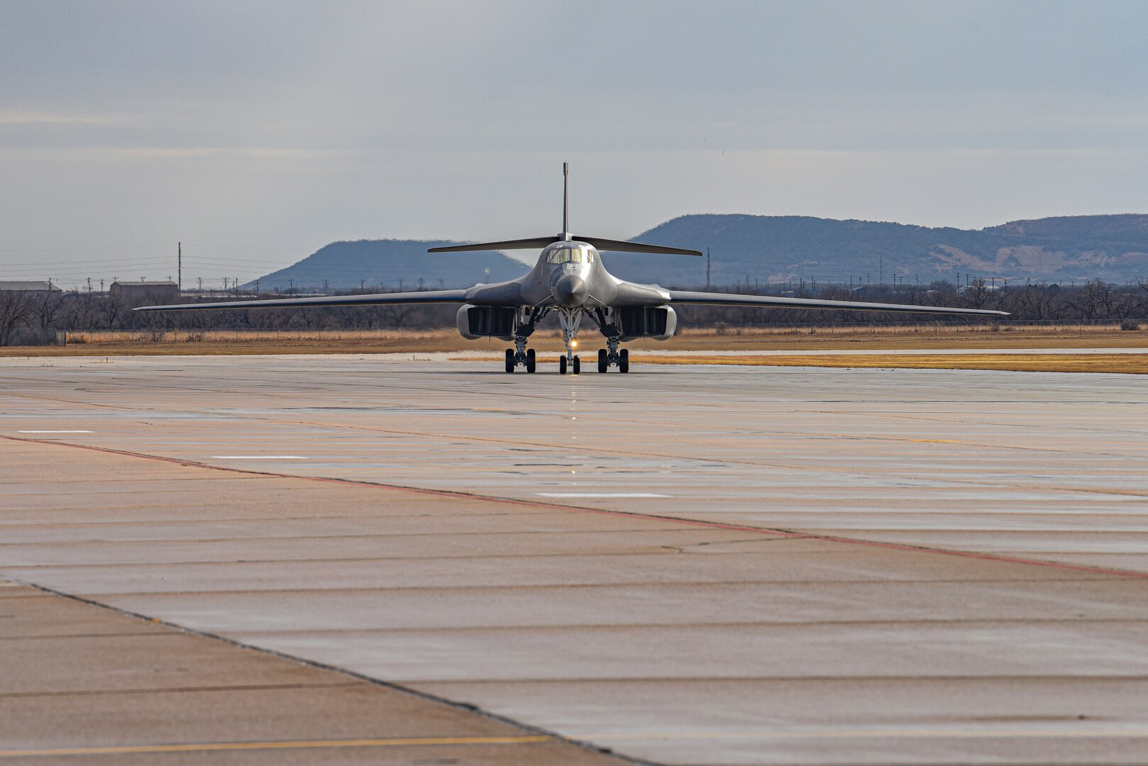 A B-1B Lancer lands after the aircrew completed a Continental United States to Continental United States joint Large Force Exercise alongside the Japanese Air Self-Defense Force at Dyess Air Force Base, Texas, Jan. 11, 2022. This exercise shows that the U.S. Air Force is always there to ensure a free and open Indo-Pacific. (U.S. Air Force photo by Airman 1st Class Ryan Hayman)