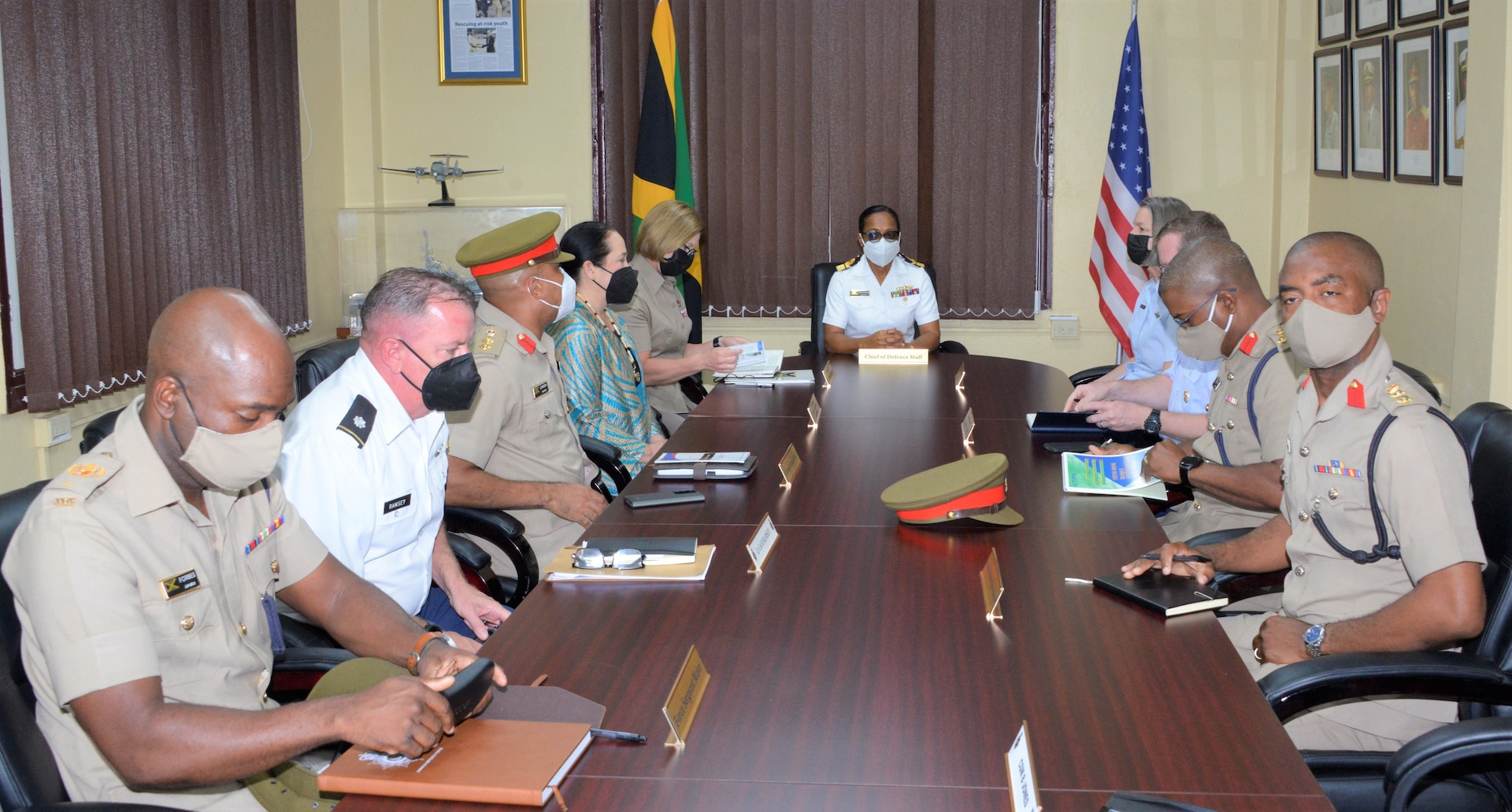 The Commander of U.S. Southern Command, U.S. Army Gen. Laura Richardson, and the Commanding General of the District of Columbia National Guard, Maj. Gen. Sherrie L. McCandless, meet with Jamaica Defence Force (JDF) Chief of Defence Staff, Rear Adm. Antonette Wemyss Gorman.