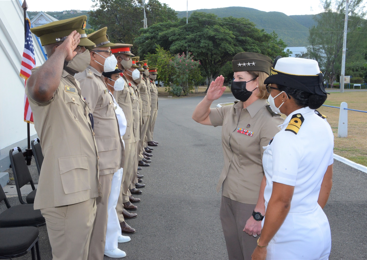 Honors are rendered as the Commander of U.S. Southern Command, U.S. Army Gen. Laura Richardson, and Jamaica Defence Force (JDF) Chief of Defence Staff, Rear Adm. Antonette Wemyss Gorman, arrive for a bilateral meeting in Jamaica.