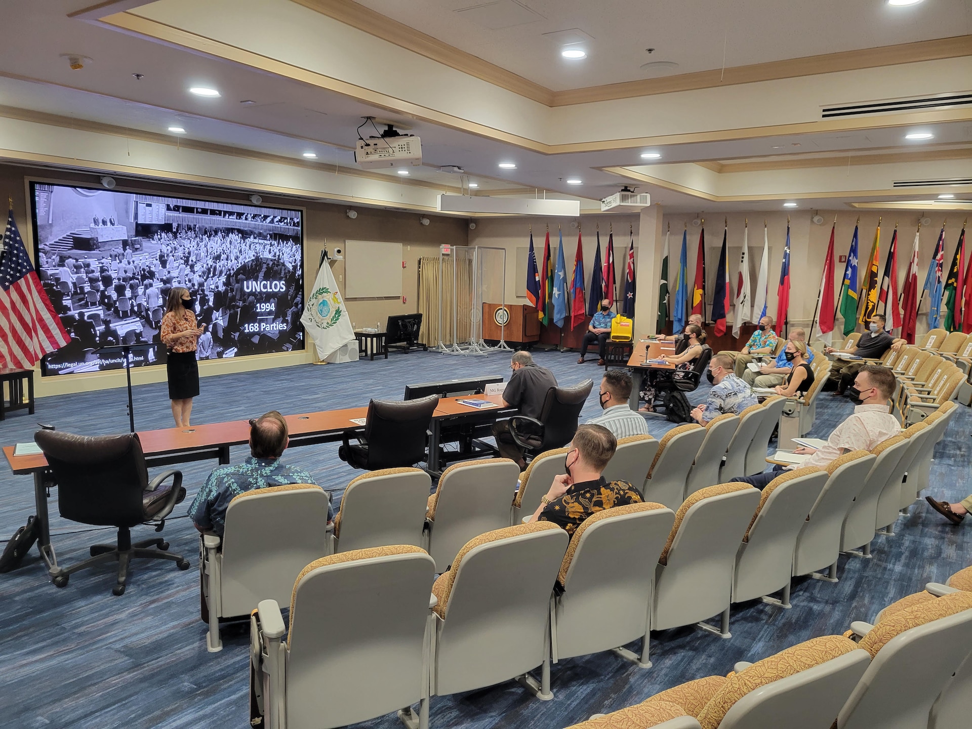 Members of Michigan National Guard’s (MING) Future Strategic Leader Program receive a brief from U.S. Navy Capt. Kimberly B. McCann, military professor and staff judge advocate at the Daniel K. Inouye Asia Pacific Center for Security Studies in Honolulu, Hawaii, Dec. 8, 2021. The Future Strategic Leader Program aims to raise awareness of MING service members regarding adversary activity in other parts of the world and provides leaders with a valuable new skill set to combine with the expertise they gained from multiple deployments in Central Command. (U.S. Army National Guard photo by Chief Warrant Officer 3 Ian Mihlfeld)