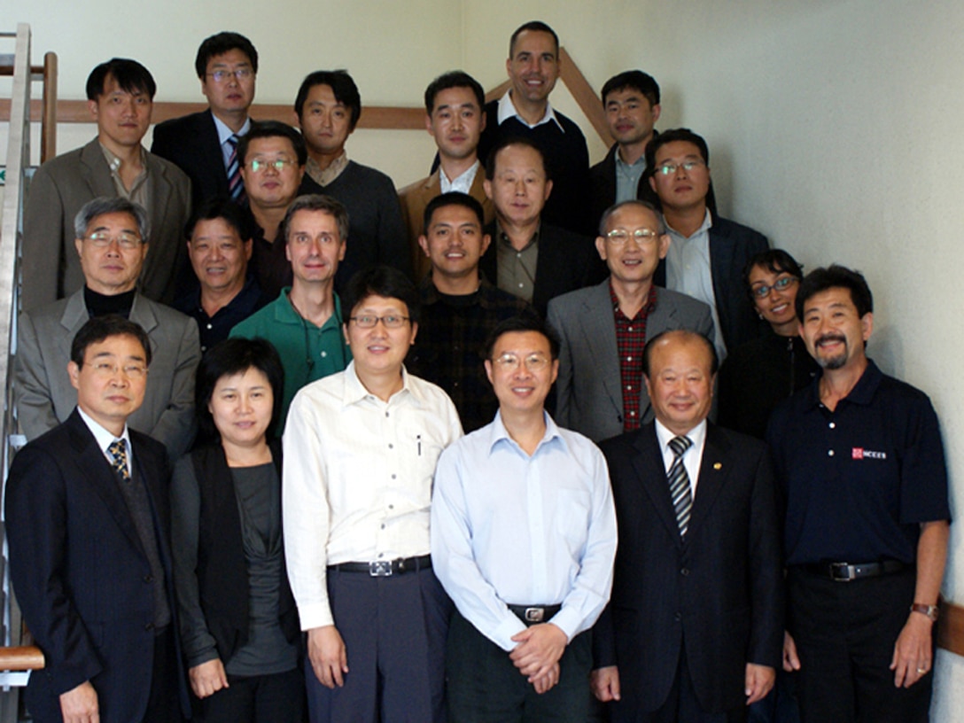 Proctors for U.S. Fundamentals of Engineering (FE) and Principles and Practice of Engineering (PE) exams in Korea pose for a group picture at Hanyang University in 2009. Since the 1990s, Oregon state has hosted U.S. Fundamentals of Engineering (FE) and Principles and Practice of Engineering (PE) exams in Korea. U.S. and Korean-national engineers from the U.S. Army Corps of Engineers (USACE) Far East District (FED) have volunteered as proctors. Ku Pon-chun (third row, far left), FED civil engineer, has volunteered as a proctor for 17 years since October 2004 until the paper-based exams ended in October 2021 due to automation of tests. (Courtesy photo by Ku Pon-chun)