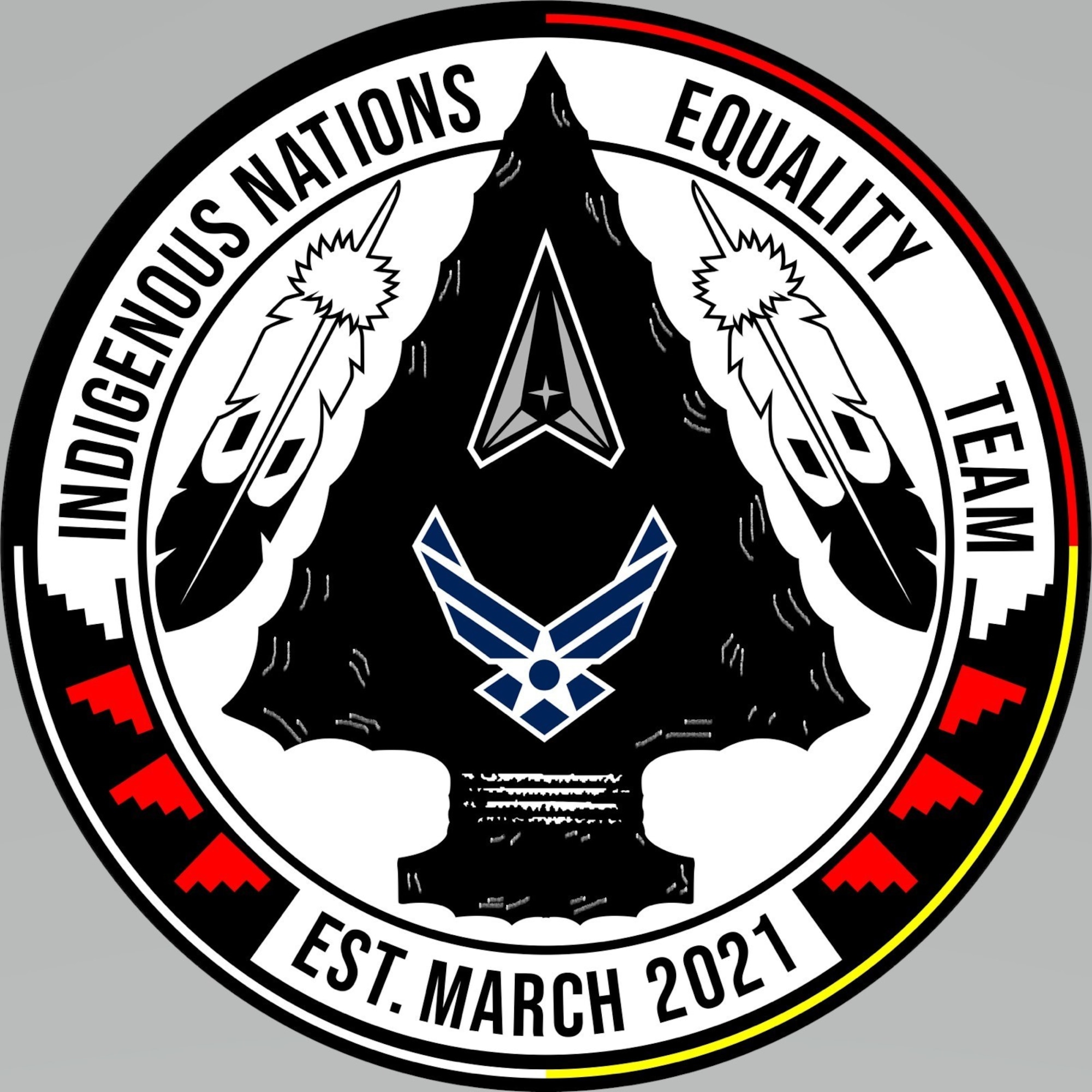 The official logo for the Indigenous Nations Equality Team (INET) created by U.S. Air Force Staff Sgt. Anastacia Rodriguez, 6th Maintenance Squadron aerospace propulsion craftsman, and her father, James Cody, a member of the Navajo Nation and experienced artisan. The logo consists of symbols used to depict indigenous people and their military affiliation. (Courtesy Photo)