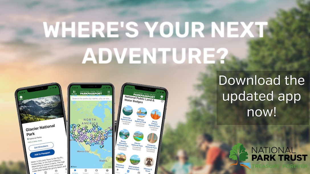 Graphic advertising the newly updated ParkPassport app
