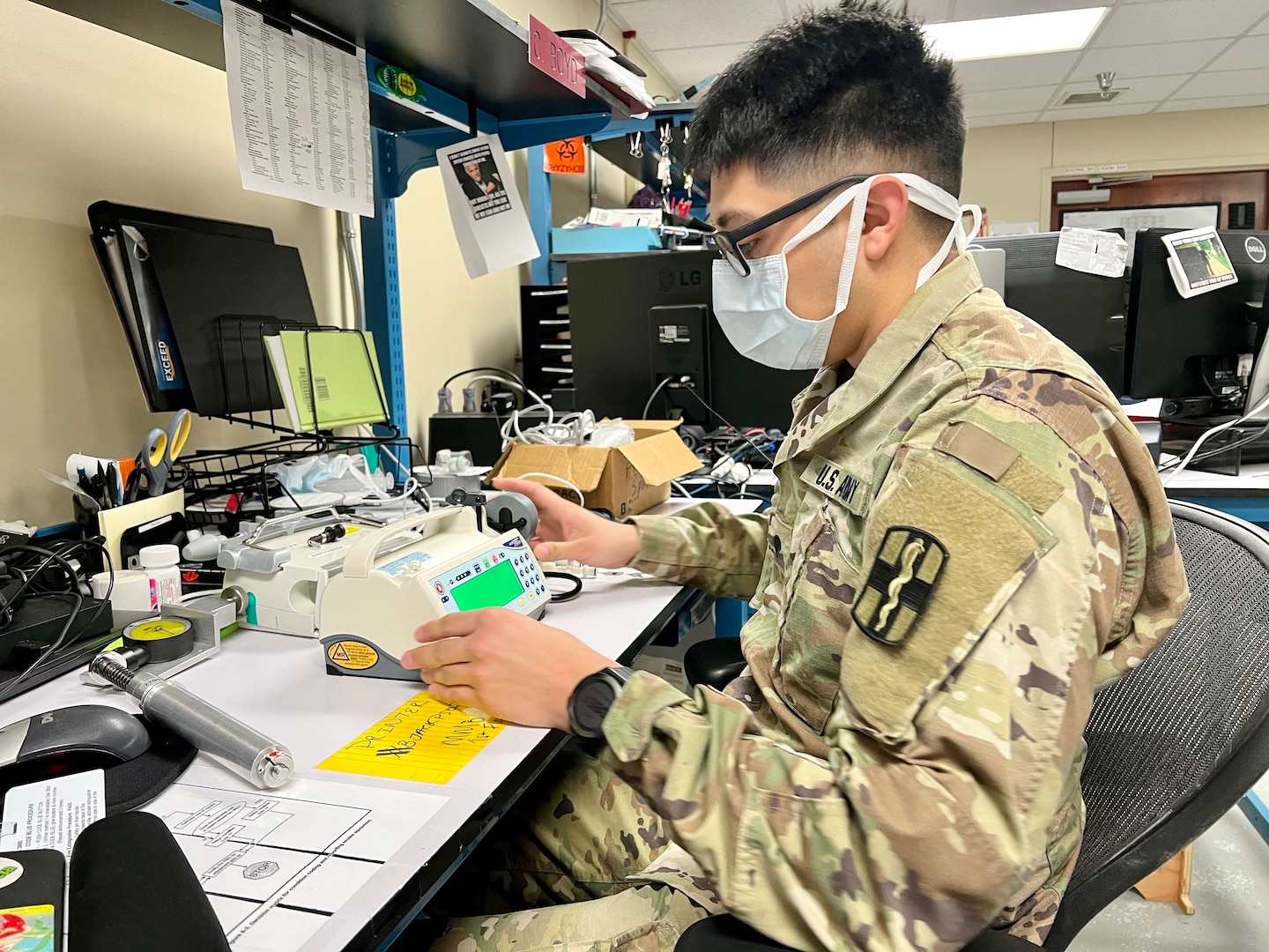 Spc. Saul Escobedo, biomedical equipment specialist for the 115th Field Hospital, 32nd Hospital Center conducts diagnostic tests during the medical skills readiness rotation hosted by Bayne-Jones Army Community Hospital on Jan. 18, at the Joint Readiness Training Center and Fort Polk, Louisiana.