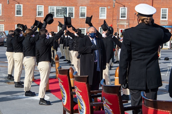 Secretary of the Navy Carlos Del Toro speaks at USS Constitution’s change of command ceremony aboard the ship.