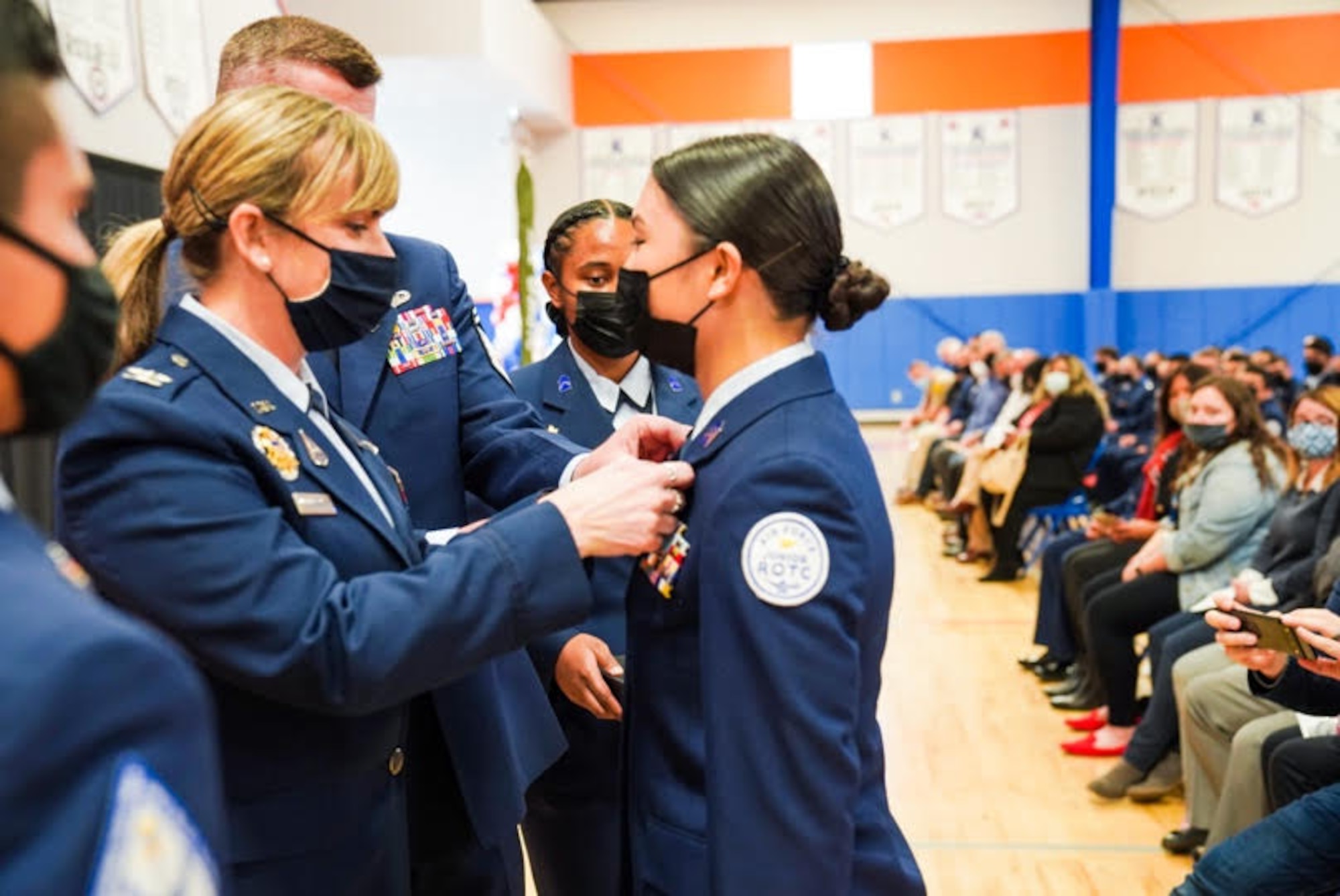 Col. Heather Bogstie pinning Cadet Lt. Col. Toni Sardillo