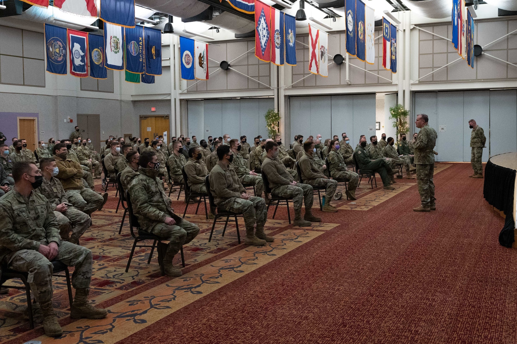 Maj. Gen. Thad Bibb, 18th Air Force commander talks to Team McConnell during a base all-call Jan. 19, 2022, at McConnell Air Force Base, Kansas.