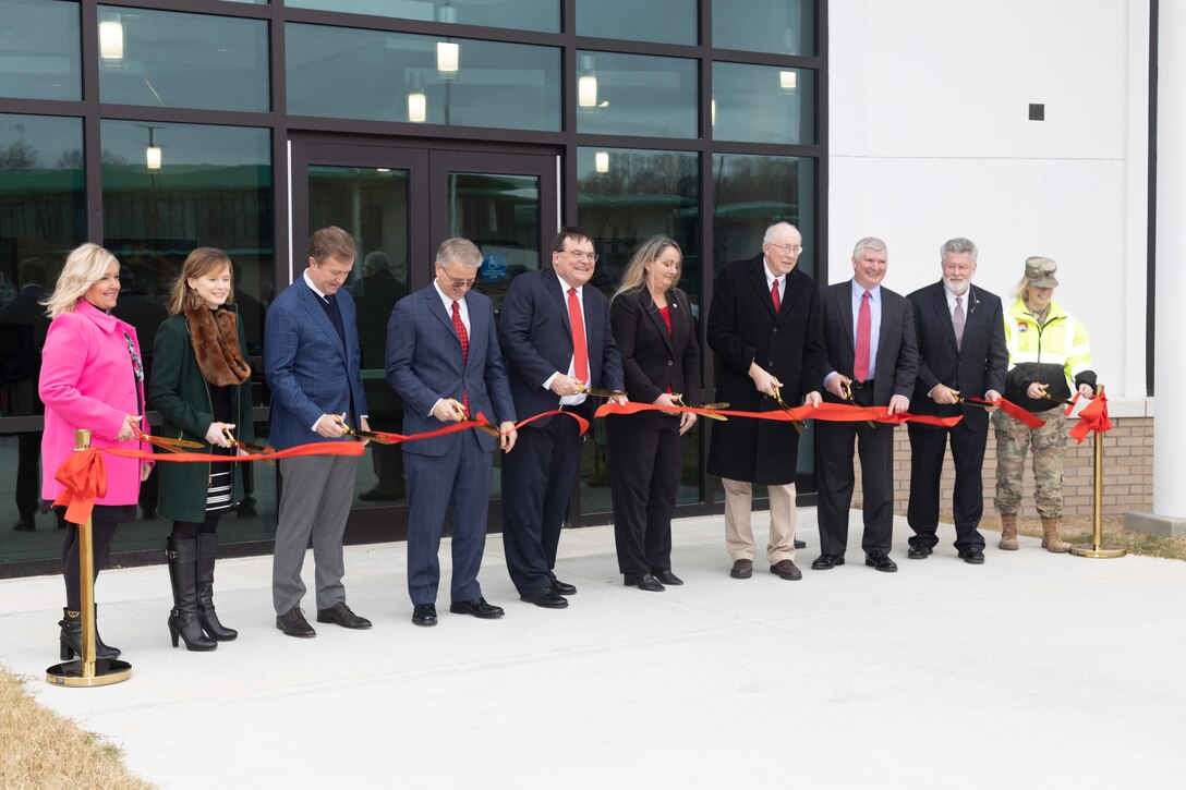 Officials from the U.S. Army Engineer Research and Development Center (ERDC) cut the ribbon for two new Supercomputing Research Center facilities at the Information Technology Laboratory in Vicksburg, Mississippi, on January 20, 2021. 
The official party, from left to right, included retired ITL Director Patti Duett, ERDC Deputy Director Dr. Beth Fleming, Entergy Mississippi President and CEO Haley Fisackerly, ERDC Director Dr. David Pittman, ITL Director Dr. David Horner, ITL Deputy Director Dr. Jackie Pettway, ERDC Director Emeritus Dr. Jeff Holland, Supercomputing Research Center Director Bobby Hunter, retired ITL Director Dr. Reed Mosher and ERDC Commander Col. Teresa Schlosser.