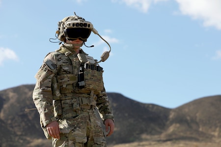 A Ranger from 3rd Battalion, 75th Ranger Regiment executes a live fire exercise with the IVAS Capability Set 4 during tropical weather testing in Camp Santiago, Puerto Rico, in March 2021.