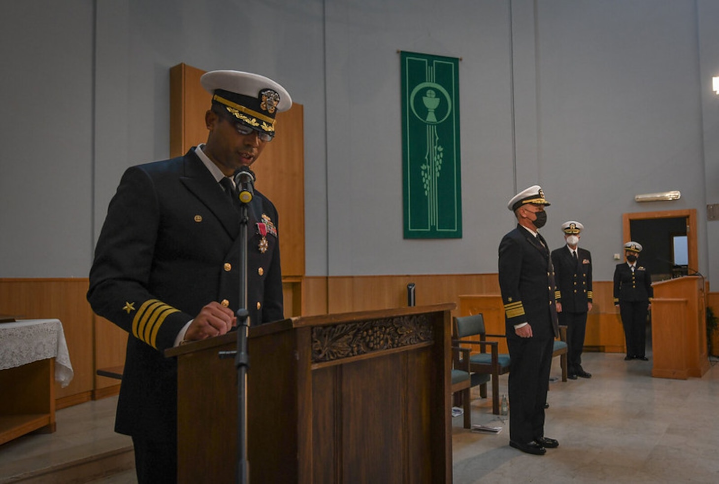 Capt. Kenneth S. Pickard, right, relieves Capt. Frank E. Okata, left, as Commodore, Commander, Task Force 63, during a change of command ceremony held at Naval Support Activity Naples, Italy, Jan. 21, 2022. U.S. Naval Forces Europe and Africa, headquartered in Naples, Italy, conducts the full spectrum of joint and naval operations, often in concert with allied and interagency partners, in order to advance U.S. national interests, security and stability in Europe and Africa.