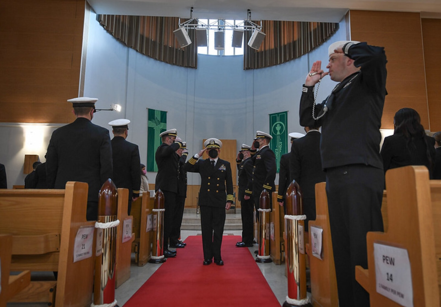 (Jan. 21, 2022) Capt. Kenneth S. Pickard, Commodore, Commander, Task Force 63, is piped ashore during a change of command ceremony held at Naval Support Activity Naples, Italy, Jan. 21, 2022. U.S. Naval Forces Europe and Africa, headquartered in Naples, Italy, conducts the full spectrum of joint and naval operations, often in concert with allied and interagency partners, in order to advance U.S. national interests, security and stability in Europe and Africa.