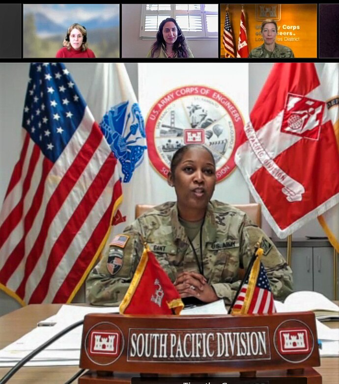 In this screenshot, U.S. Army Corps of Engineers South Pacific Division Commander Col. Antionette Gant participate in a Jan. 19 virtual Port of Long Beach Women’s Leadership Circle. The senior leader shared how she balance her Army careers with family life.
