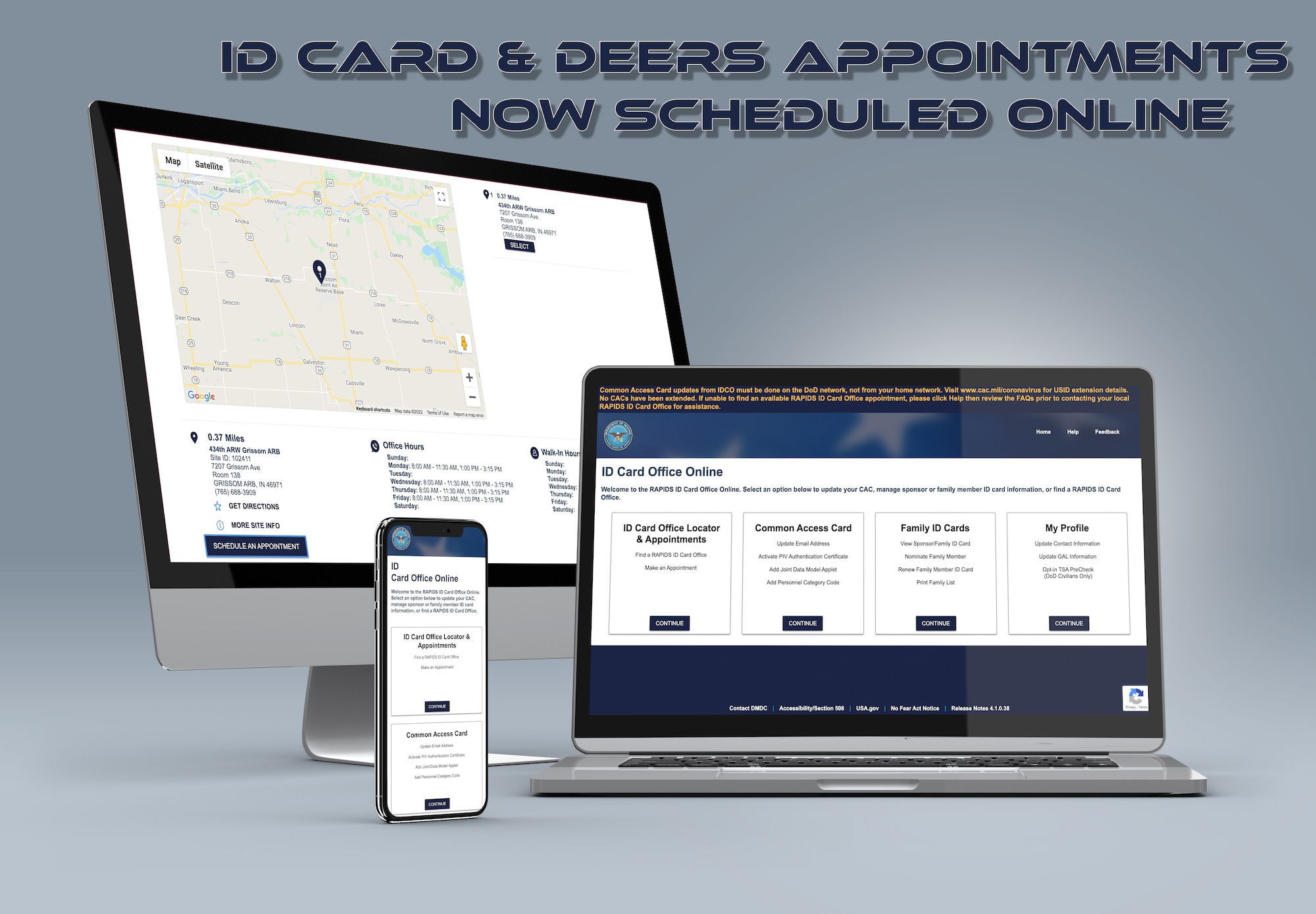 Grissom's DEERS office now offers a more streamlined process to scheduling appointments. Once handled exclusively by phone, the DEERS office will now use the RAPIDS scheduler to better serve their customers. (U.S. Air Force graphic by Tech. Sgt. Josh Weaver)