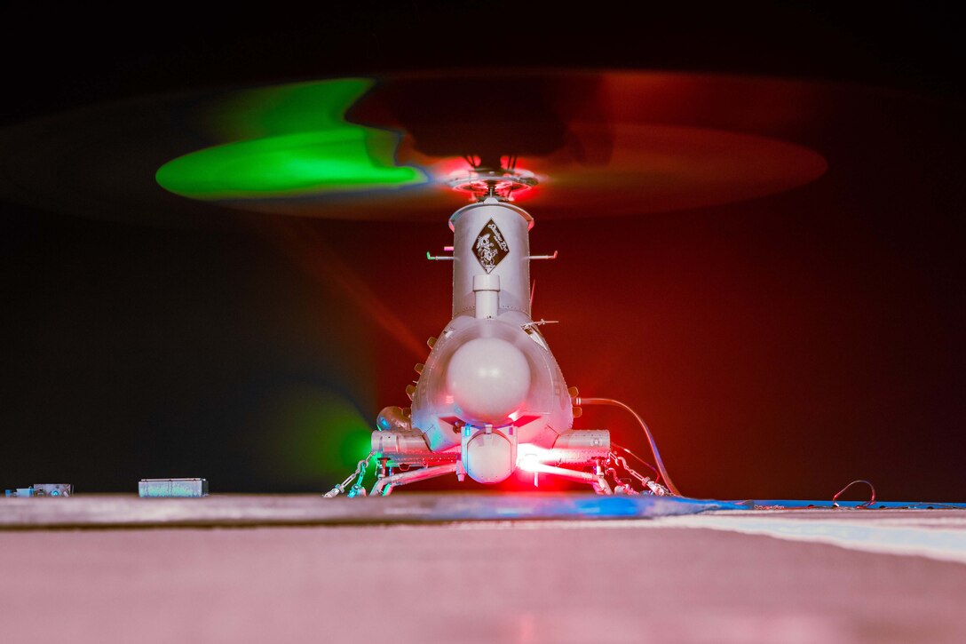 An unmanned aerial vehicle prepares for a night flight.