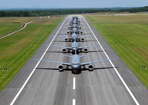 157th Air Refueling Wing held the first KC-46 elephant walk at an Air National Guard Base in history Sept. 8, 2021 at Pease Air National Guard Base, New Hampshire. The aircraft taxied down the runway and into their parking spaces in preparation for the Air Show this weekend.