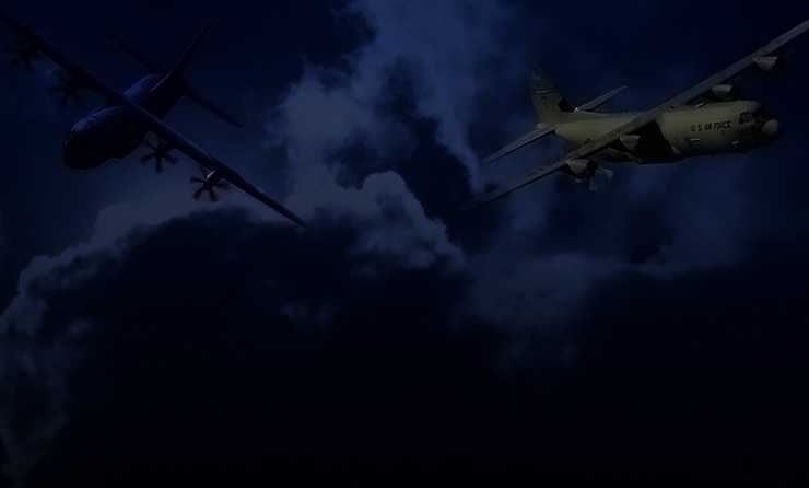 A U.S. Air National Guard graphic illustration depicting a two C-130J aircraft flying in front of dark clouds.