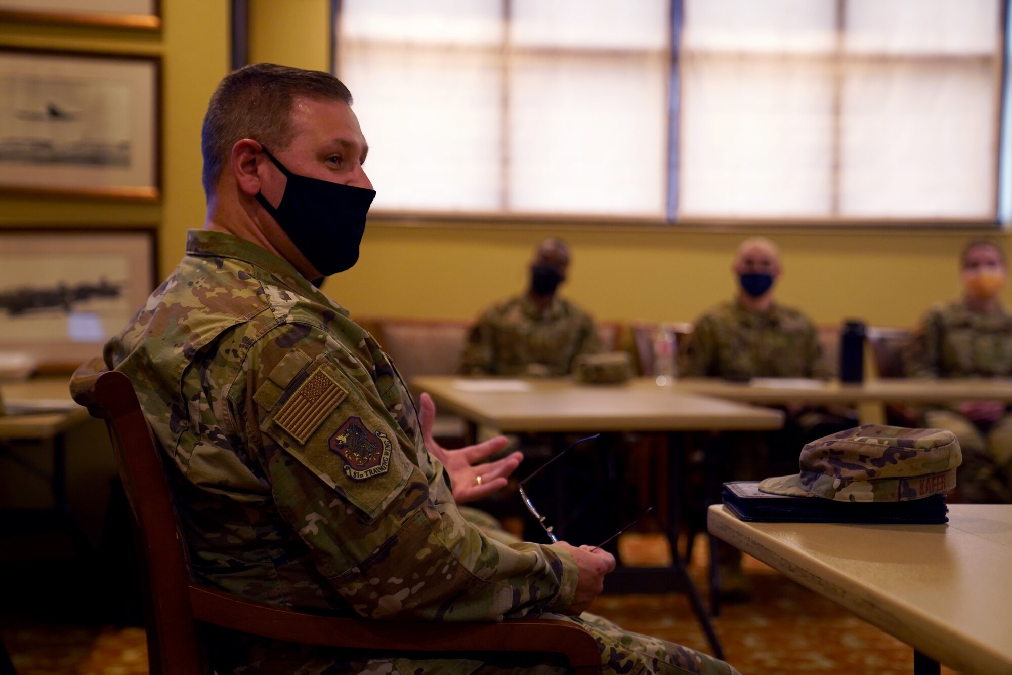 U.S. Air Force Col. James Kafer, 81st Training Wing vice commander, instructs a class of officers before the First Term Officer Course in the Bay Breeze Event Center at Keesler Air Force Base, Mississippi, January 19, 2022. The FTOC was created to develop the job and leadership skillsets of first-term officers. (U.S. Air Force photo by Senior Airman Seth Haddix)