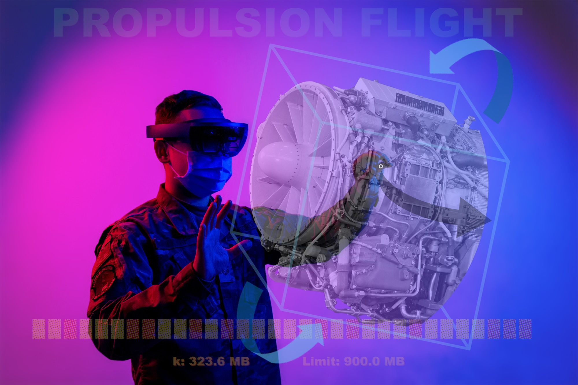 U.S. Air Force Senior Airman Logan Belknap, an aerospace propulsion journeyman assigned to the 3d Maintenance Squadron at Joint Base Elmendorf-Richardson, Alaska, wears a HoloLens headset in this illustration of the device's interactive augmented-reality capabilities. The headset is being used to train Airmen on advanced avionic and propulsion maintenance techniques being developed and implemented in a coordinated effort with multiple bases across the force. "Empowered Airmen can solve any problem," said Chief of Staff of the U.S. Air Force, Gen. Charles Q. Brown Jr., in his "Accelerate Change or Lose" strategy. The initiative propels American Airmen into an innovative future leveraging technological superiority now. (U.S. Air Force photo illustration by Justin Connaher)