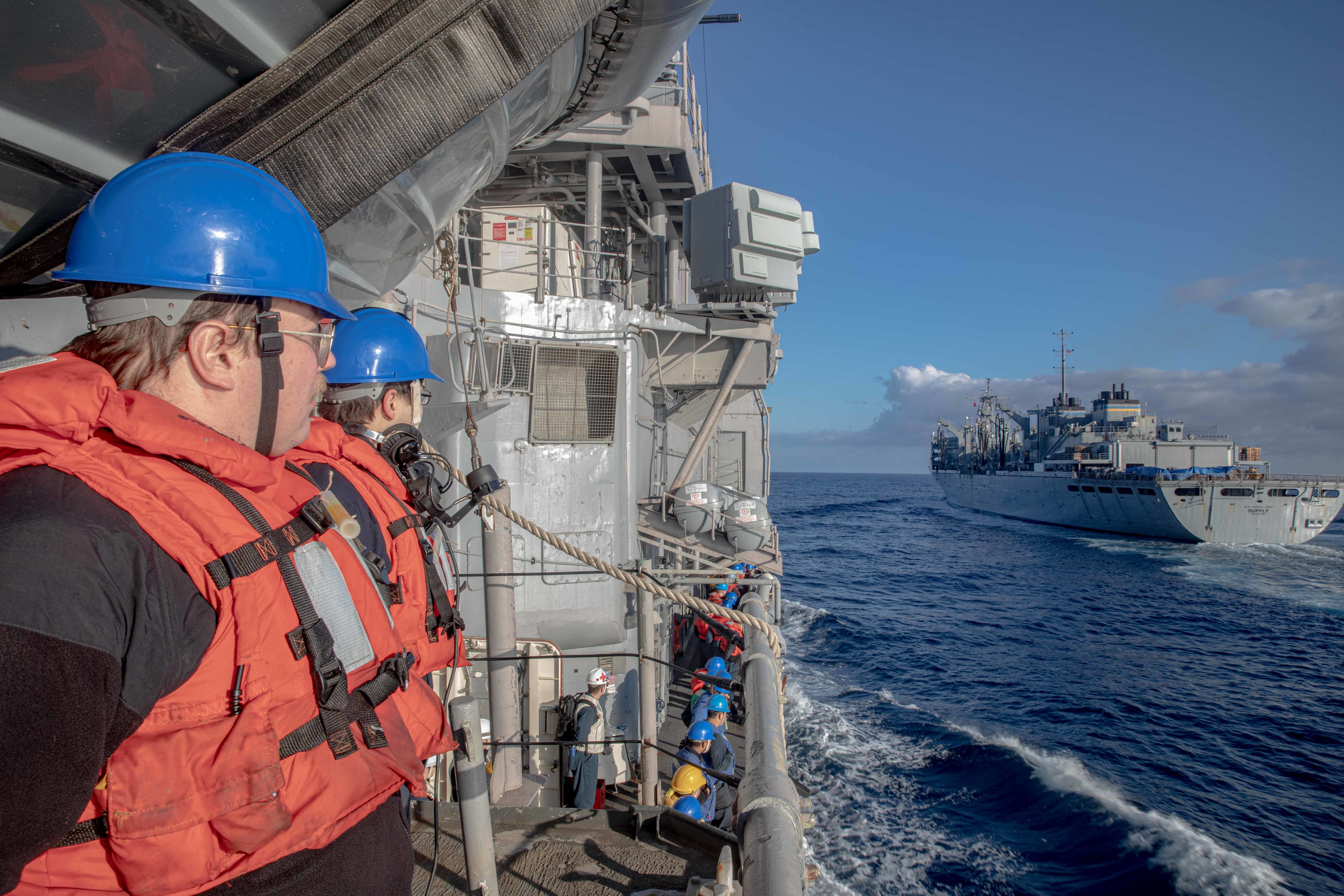 Sailors stand-by as the Ticonderoga-class guided-missile cruiser USS San Jacinto (CG 56) approaches the fleet combat supply ship USNS Supply (T-AO6) during a replenishment-at-sea in the Adriatic Sea.