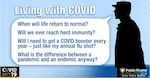 As the two-year anniversary of the World Health Organization’s March 11, 2020, COVID-19 pandemic declaration approaches, there are a number of questions on the minds of public health professionals and the public. While nobody can speak with 100 percent certainty, the vast majority of public health experts, including those at the Army Public Health Center, agree the future will likely involve a new normal, rather than a return to a pre-COVID-19 world. (U.S. Army Pubic Health Center graphic illustration by Joyce Kopatch) (Joyce Kopatch)