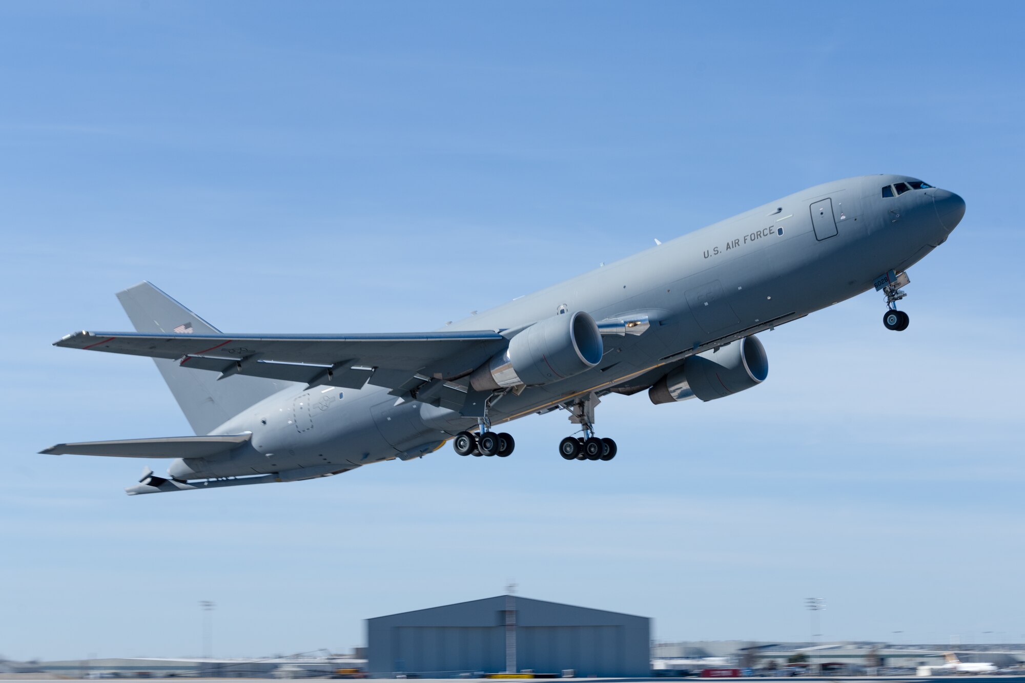 A KC-46A Pegasus takes off during a minimum interval takeoff exercise Jan. 13, 2022, at McConnell Air Force Base, Kansas.