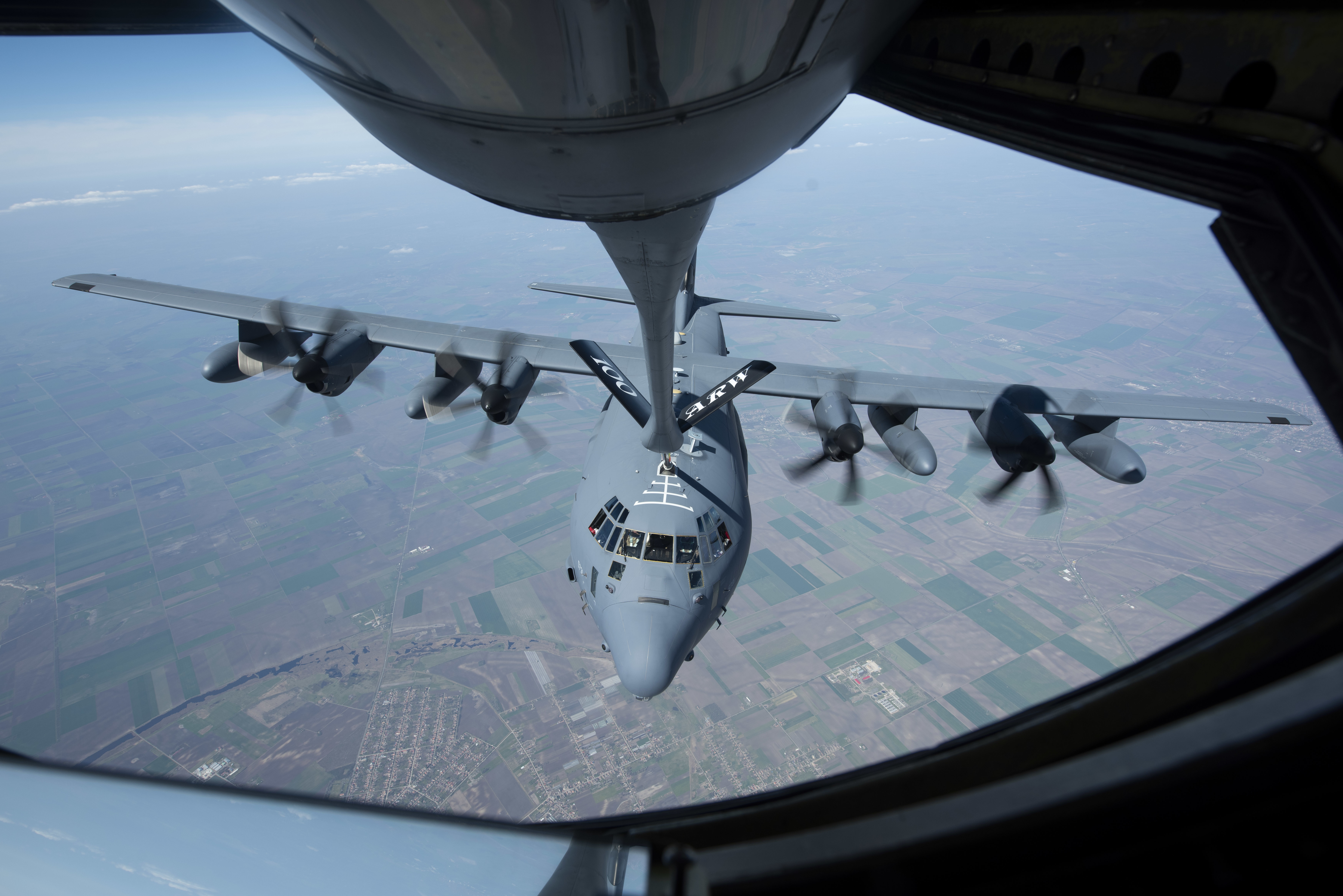 A U.S. KC-135 Stratotanker and aircrew from the 100th Air Refueling Wing support the special operations forces from the 352nd Special Operations Wing and 41st Field Artillery Brigade execute another successful High Mobility Artillery Rocket System (HIMARS), Rapid Aerial Insertion (HIRAIN), coordinated with NATO allies, near Constanta, Romania 10 Apr, 2021. HIRAIN activities demonstrate USEUCOM’s ability to quickly employ long-range precision fires across the theater in a time and place of our choosing, using dynamic force employment while employing cross-domain fires capabilities with our NATO allies and partners. (U.S. Air Force photo by Senior Airman Jennifer Zima)