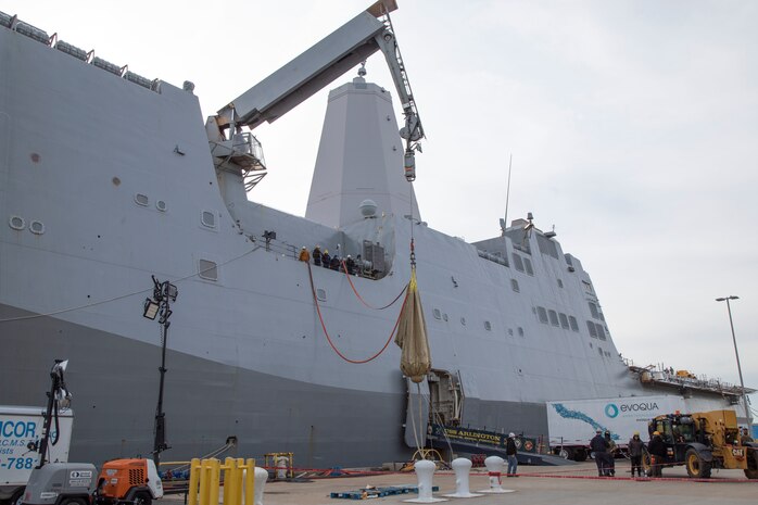 Mid-Atlantic Regional Maintenance Center (MARMC) coordinates with Colonna’s Shipyard Inc. to conduct a weight test of the knuckle boom crane aboard USS Arlington (LPD 24).