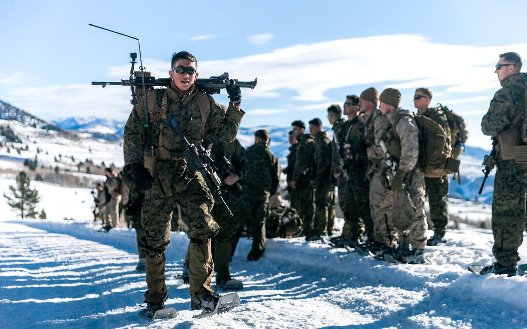 U.S. Marine Corps 1st Lt. Justin Stone with India Company, 3d Battalion, 3d Marines, 3d Marine Division, conducts a company hike at Mountain Warfare Training Center, Bridgeport, Calif., Jan. 18, 2022. The hike acclimated 3/3 to the climate and increased their combat lethality in cold weather environments. (U.S. Marine Corps photo by Cpl. Patrick King)