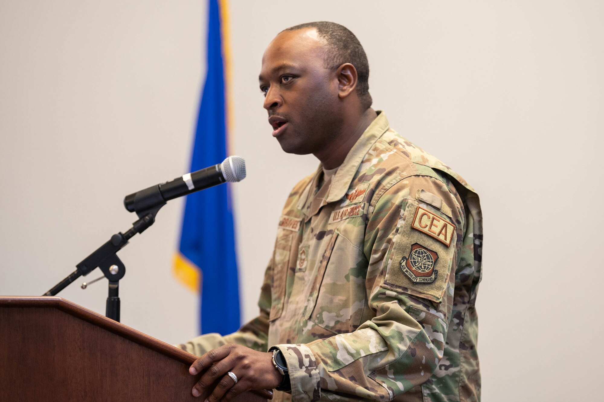 Senior Master Sgt. Waldell Graves, 9th Airlift Squadron senior enlisted leader, speaks at the Martin Luther King Jr. Remembrance Day luncheon at Dover Air Force Base, Delaware, Jan. 19, 2022. Graves highlighted King’s upbringing and accomplishments that eventually positioned him to lead the civil rights movement. (U.S. Air Force photo by Mauricio Campino)