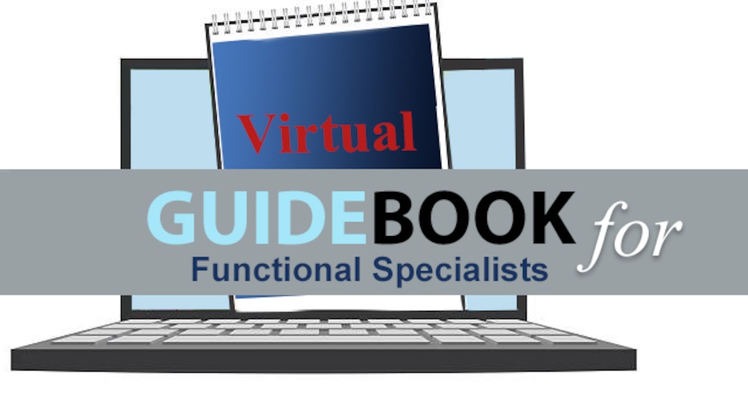 Graphic of a laptop with a notebook in the center that says "Virtual Guidebook for Functional Specialists."