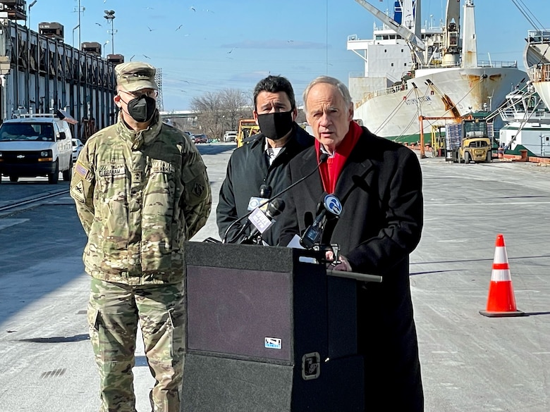Mr. Michael Connor, the Assistant Secretary of the Army for Civil Works (middle) and Maj. Gen. Butch Graham, USACE Deputy Commanding General for Civil and Emergency Operations briefly participated in a Jan. 26 news conference with U.S. Senator Thomas Carper to discuss the recently enacted Infrastructure Investment and Jobs Act and the 2022 Disaster Relief Supplemental Appropriations Act.